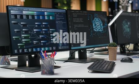 Computers in empty office used to implement machine learning algorithms to prevent AI errors. PC monitors in tech agency with software used to review code and improve artificial intelligence Stock Photo