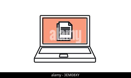 Laptop document and text file icon: portable notebook computer displaying paper sheets on screen, modern black line art with offset color fill vector. Stock Vector