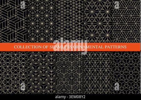 Collection of outline seamless luxury geometric patterns. Golden repeatable ornamental elegant backgrounds. Symmetry endless vintage prints Stock Vector