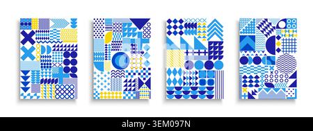 Geometric abstract posters collection in Swiss Bauhaus style. Creative modern art covers with decorative mosaic print. Set of brochures, backgrounds Stock Vector