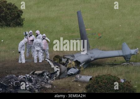 The scene in Sourton Down, near Okehampton in Devon, where a Royal Navy helicopter crashed in a field on Wednesday. Three members of the Royal Navy have died in the crash. Picture date: Thursday June 4, 2026. Stock Photo