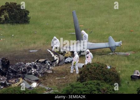 The scene in Sourton Down, near Okehampton in Devon, where a Royal Navy helicopter crashed in a field on Wednesday. Three members of the Royal Navy have died in the crash. Picture date: Thursday June 4, 2026. Stock Photo