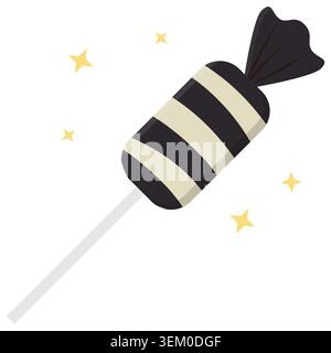 Cute Halloween candy lollipop illustration with black and white stripes and yellow stars. Isolated spooky sweet treat vector element for spooky holida Stock Vector