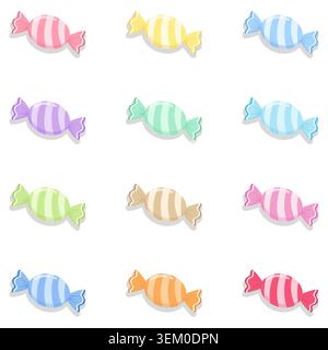 Collection of cute pastel candy vector illustrations with stripes and white wavy lines. Isolated sweet confectionery pack for birthday party, baby sho Stock Vector