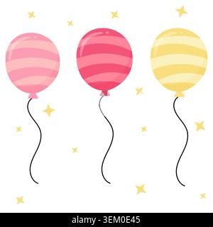 Cute pastel balloon vector illustration set with stripes and yellow stars. Isolated pink, red and yellow balloons for birthday party, baby shower desi Stock Vector