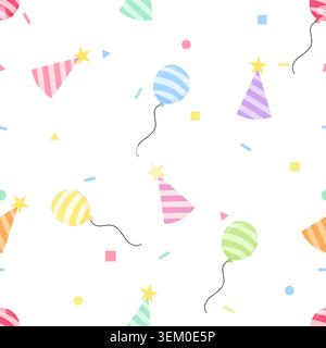 Cute seamless pattern background with colorful birthday party hats, striped balloons and confetti. Vector illustration for baby shower fabric, kids wr Stock Vector