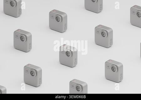 3D render of repeating compact action cameras arranged in a geometric pattern on a clean neutral background. Stock Photo