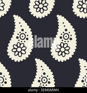Hand drawn black and cream intricate Paisley silhouette seamless pattern on dark background Stock Vector