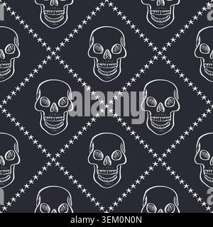 Seamless pattern with hand drawn black and white human skulls inside trellis Stock Vector