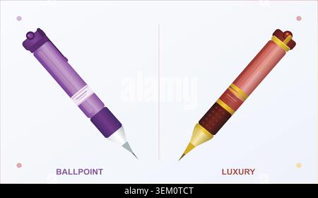 Vector illustration comparing a purple ballpoint pen with a red and gold luxury pen. Stock Vector