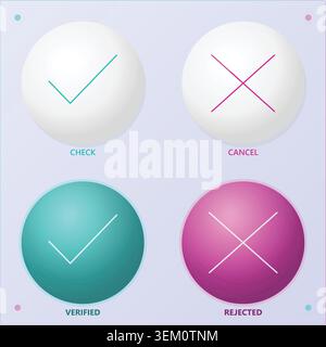 Set of four spherical icons with check and cross symbols in different colors for status indication. Stock Vector