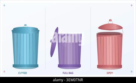 Three colorful cartoon trash cans illustrating closed, full bag, and open states. Stock Vector