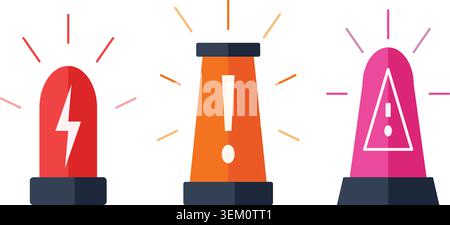 Three colorful flat design warning lights with different symbols for alert, danger, and caution on a white background. Stock Vector