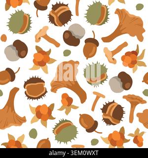 Hand-drawn seamless autumn pattern with mushrooms, acorn, cloudberry, chestnut for fall packaging, seasonal background Stock Vector