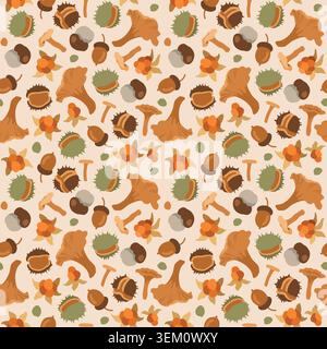 Hand-drawn seamless autumn background with mushrooms, acorn, cloudberry, chestnut for fall packaging, seasonal background Stock Vector