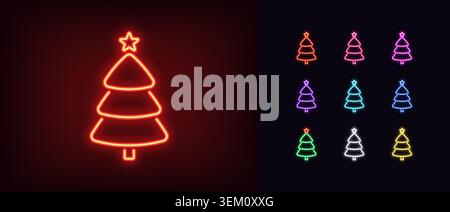 Outline neon Christmas tree icon. Glowing neon Christmas tree with star and plump rounded shape, xmas pictogram. New Year tree silhouette, glowing fir Stock Vector