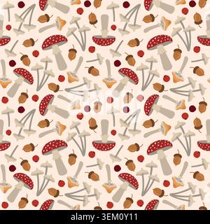 Hand-drawn seamless autumn background with poisonous forest mushrooms, acorn, berry for fall packaging, seasonal background Stock Vector