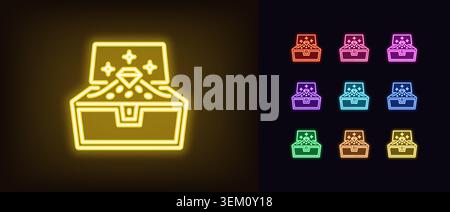 Outline neon treasure chest icon. Glowing neon opened chest with gold coins and diamond, treasure box pictogram. Chest with precious golden coin pile Stock Vector