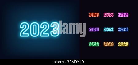 Outline neon 2023 icon. Glowing neon 2023 year, digit sign, date and number pictogram. Isolated digits 2023 with blue, red, pink, green, violet Stock Vector
