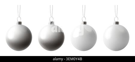 Christmas ball ornament, 3d decorations silver bauble. Bulb xmas toy elements isolated on white bg. Bright decor hanging on ribbon, light realistic Stock Vector