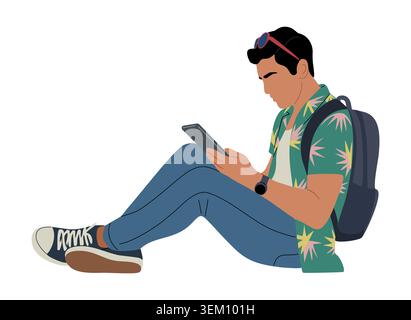 Young man freelancer sits focused on tablet Stock Vector