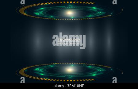 Abstract sci fi technology background with luminous circular rings, glowing center light, and dark gradient space. Vector illustration Stock Vector