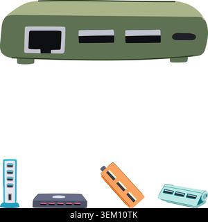 Usb hub devices connecting multiple peripheral electronics Stock Vector