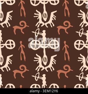 Ancient petroglyph archer with bow seamless pattern, Saimaluu Tash cave art drawing of chariot hunter on brown background for apparel clothes Stock Vector
