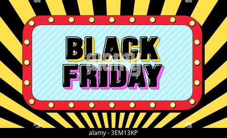 Black Friday text, online sale. Template of text banner with promo phrase Black Friday inside frame with lamps. Quote and slogan, vector typography Stock Vector