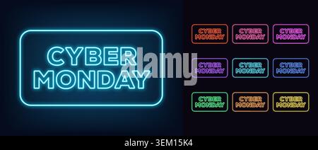 Outline neon Cyber Monday text with frame. Glowing neon Cyber Monday tag for online sale, promo text for social media. Online shopping and discounts. Stock Vector