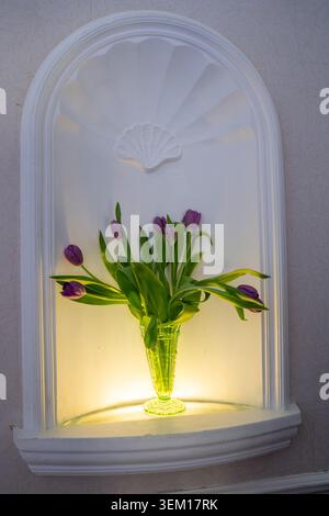 Purple tulips in a green glass vase displayed in an illuminated white arched alcove with decorative shell motif Stock Photo