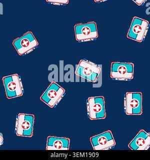 seamless pattern medicine first aid kit cartoon vector Stock Vector