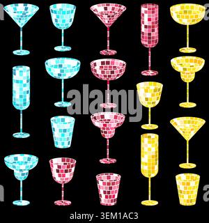 Vector set of cocktail glasses with mirrored disco ball texture. Isolated on black background collection martini, wine, champagne and margarita glassw Stock Vector