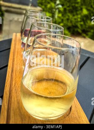 Two white and two red wine samples served in stemless glasses on an outdoor patio. Stock Photo