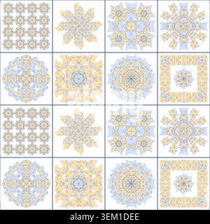 Seamless azulejo pattern of abstract mandalas with a cat theme Stock Vector