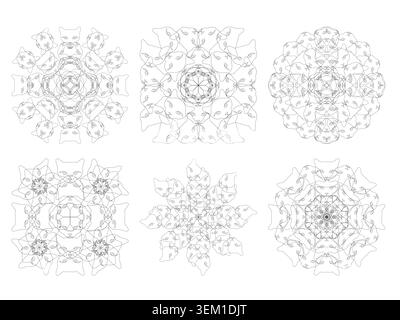 Set of black abstract cat-themed mandalas on a white background Stock Vector