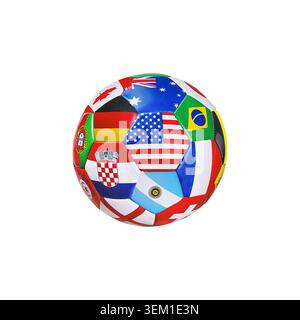 A highly detailed real soccer ball covered with multiple national flags symbolizing an international football tournament, isolated on free png backgro Stock Photo