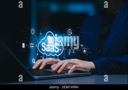 SaaS Software as a Service. cloud computing and software service platform concept. digital cloud, data servers, automation, cybersecurity, network Stock Photo