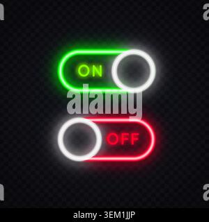 Neon toggle switch set with glowing green On and red Off states on dark transparent background. Vivid UI elements for app settings, game or website Stock Vector