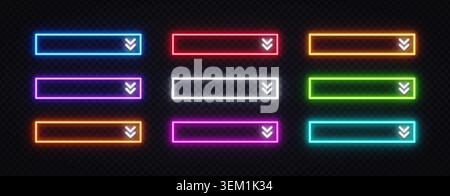 Collection of 9 neon glowing rectangular buttons with chevron arrows on dark background. Vibrant UI elements in multiple colors for web and game Stock Vector