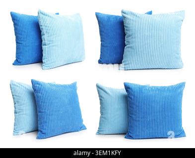 Throw pillows in shades of blue isolated on white, set Stock Photo
