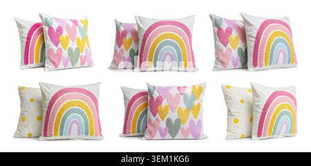 Different throw pillows isolated on white, set Stock Photo