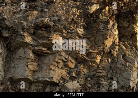 Detailed full frame view of a rough rocky cliff side with cracked stones, crumbly soil, and layered geological formations under warm sunlight. Stock Photo