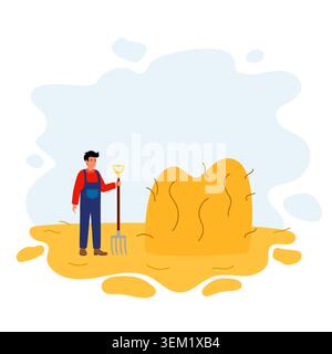 Farmer with pitchfork gathering straw into haystack. Stacking golden straw bales on farm field. Vector illustration rural farming Stock Vector