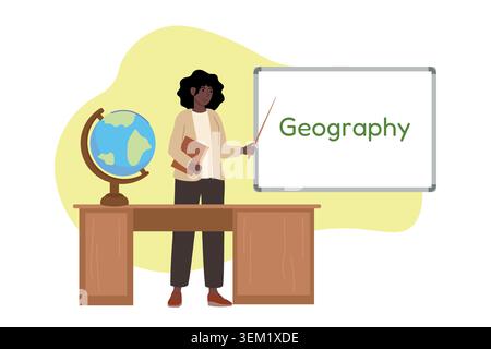 Geography teacher with pointer near whiteboard standing. Flat Vector illustration for school, education, geography class Stock Vector