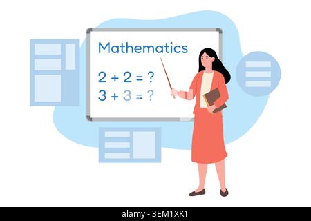 Math teacher in red suit near blackboard with pointer. Simple math examples. Vector illustration for school, education flyer Stock Vector