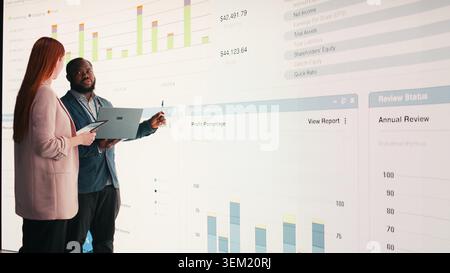 Analyzing economic data graphs, laptop and businesspeople using dashboard, brainstorming. verifying company financial statements, charts projected on digital wall, and teamworking colleagues, camera A Stock Photo