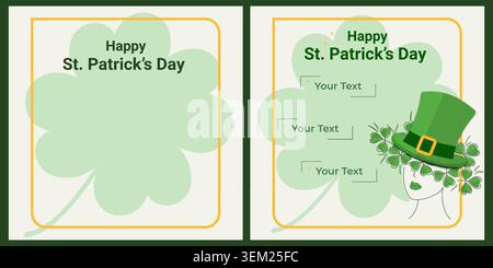 Greeting card collection featuring shamrocks, leprechaun hat details and editable layouts in flat style. Vector illustration Greetings, invite, branding, social media content and marketing materials. Stock Vector