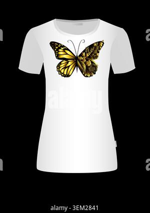 Golden butterfly print on a T-shirt . Hand drawn. Not AI, vector illustration. Stock Vector