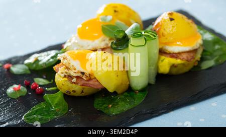 Potato burgers with quail egg Stock Photo